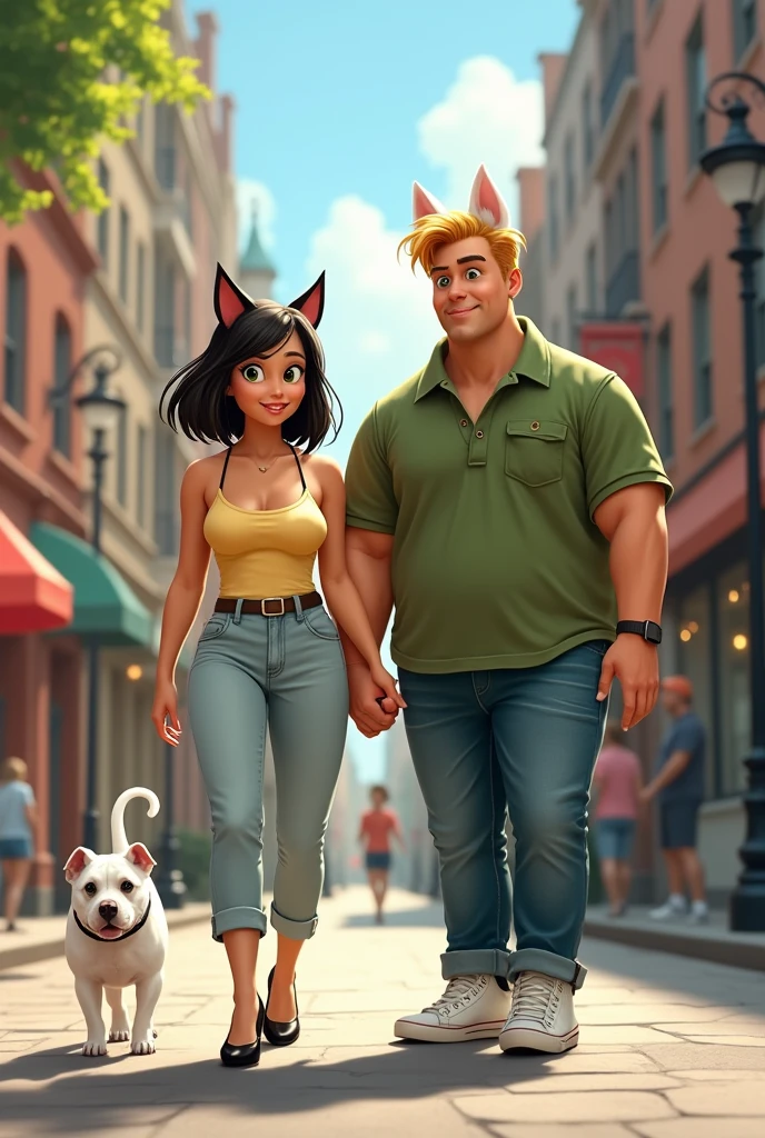 i wanna see a chubby japanese woman with cat ears, dark black medium size hair, dark brown eyes, light yellow spaghetti strap top, light jeans pants and black high heels on the streets of philadelphia, with her chubby boyfriend who is big and strong, tall, blond guy with green eyes and white dog ears only, with jeans pants, white sneakers and green polo shirt with a left side pocket, and a white pitbull with black spots