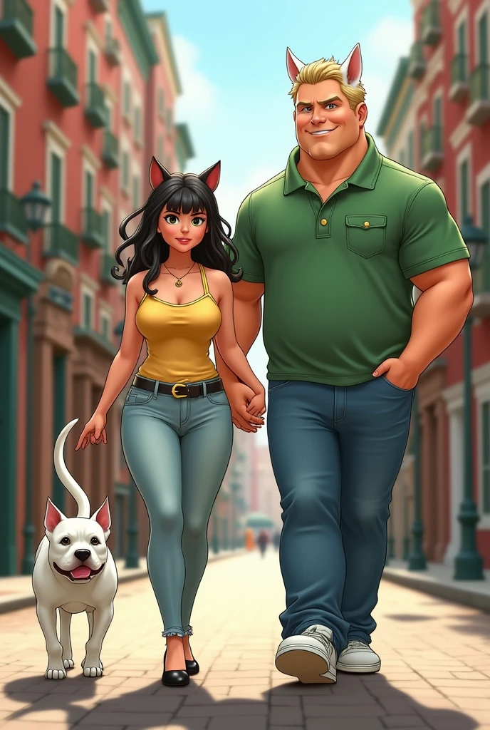 i wanna see a chubby japanese woman with cat ears, dark black medium size hair, dark brown eyes, light yellow spaghetti strap top, light jeans pants and black high heels on the streets of philadelphia, with her chubby boyfriend who is big and strong, tall, blond guy with green eyes and white dog ears only, with jeans pants, white sneakers and green polo shirt with a left side pocket, and a white pitbull with black spots
