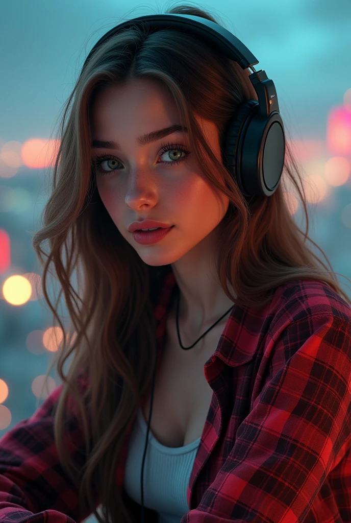 masterpiece, HDR, 4K, 8k, masterpiece, best quality, 1girl, masterpiece, best quality, 1girl, visage maigre, brown-hair, Detailed face + yeux verts, mediuml breasts, closed mouth, regardant le spectateur, Longhaire, gaming headphones, pyjama à carreaux, background : Surabaya, 独奏, haut du corps,