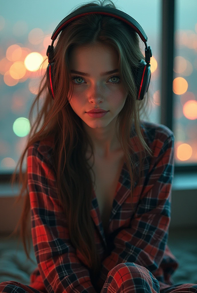 masterpiece, HDR, 4K, 8k, masterpiece, best quality, 1girl, masterpiece, best quality, 1girl, visage maigre, brown-hair, Detailed face + yeux verts, mediuml breasts, closed mouth, regardant le spectateur, Longhaire, gaming headphones, pyjama à carreaux, background : Surabaya, 独奏, haut du corps,