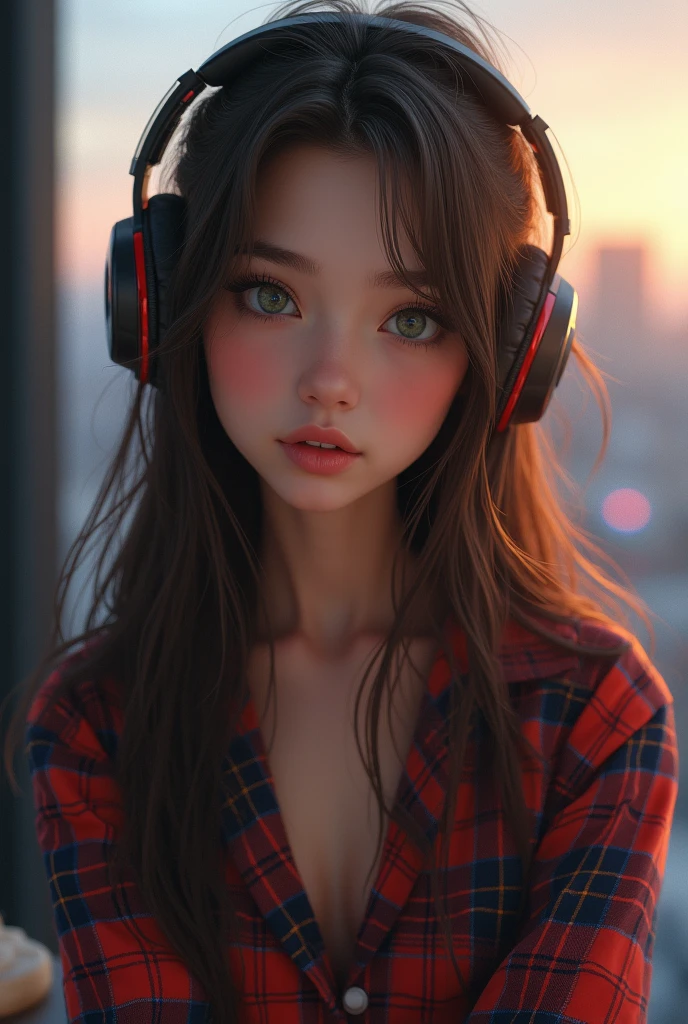 masterpiece, HDR, 4K, 8k, masterpiece, best quality, 1girl, masterpiece, best quality, 1girl, visage maigre, brown-hair, Detailed face + yeux verts, mediuml breasts, closed mouth, regardant le spectateur, Longhaire, gaming headphones, pyjama à carreaux, background : Surabaya, 独奏, haut du corps,