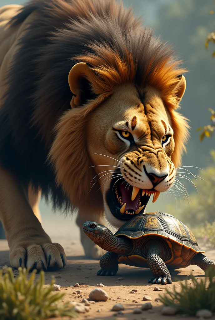Lion Eating small turtle like a meat realistic