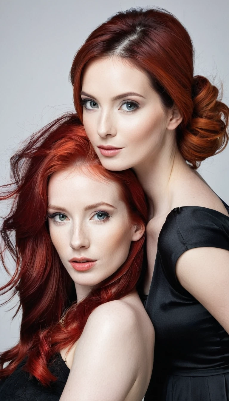 two beautiful women, one RED hair and one BLACK hair, White skin