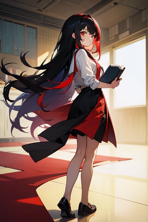 Girl with two-tone hair, red, black, long hair, loose hair, teacher, cylinder skirt, holding a book