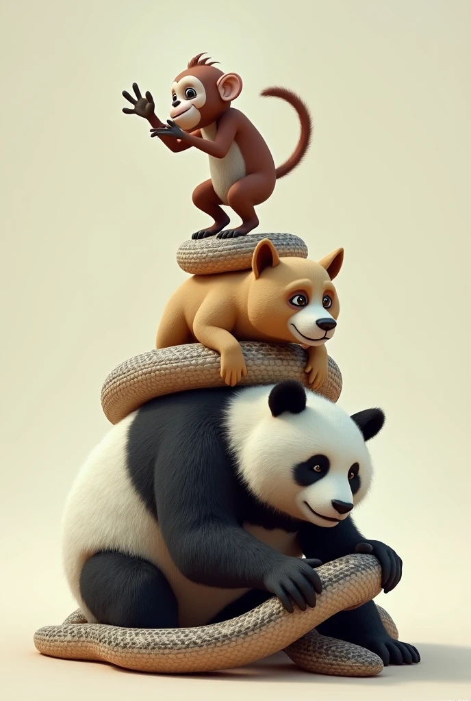 A MONKEY ON TOP OF A DOG ON TOP OF A PANDA CRUSHING A SNAKE




