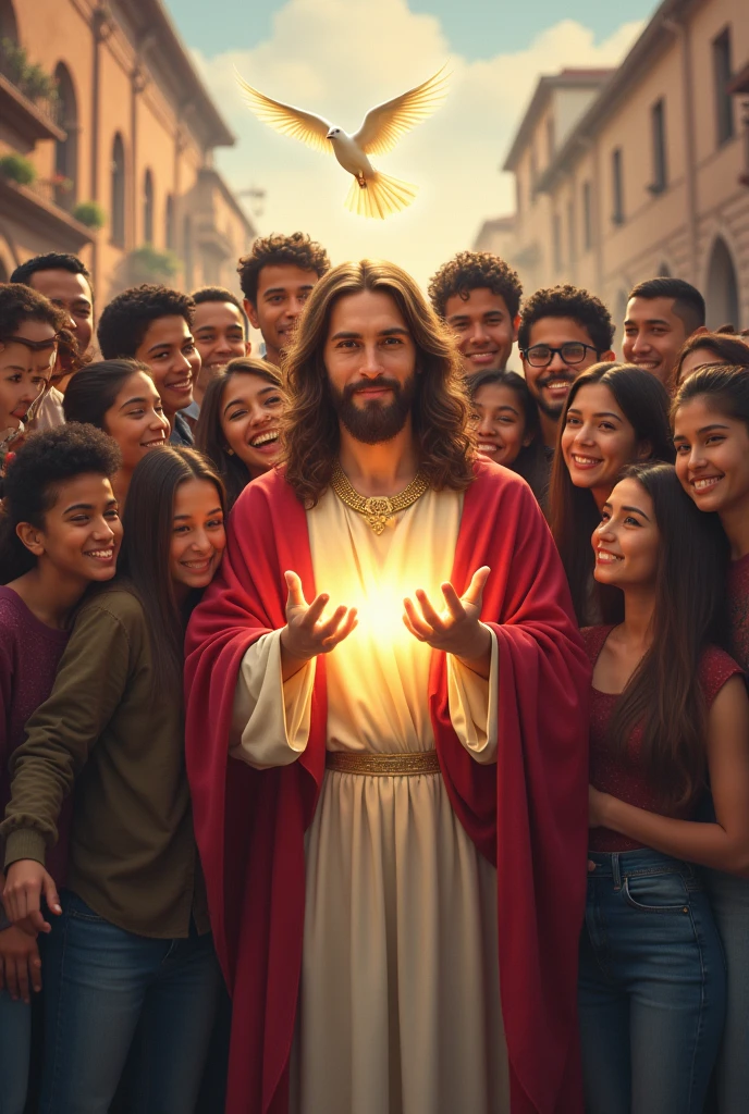 Jesus with the Holy Spirit and young people from Puno with jeans in a selfie
