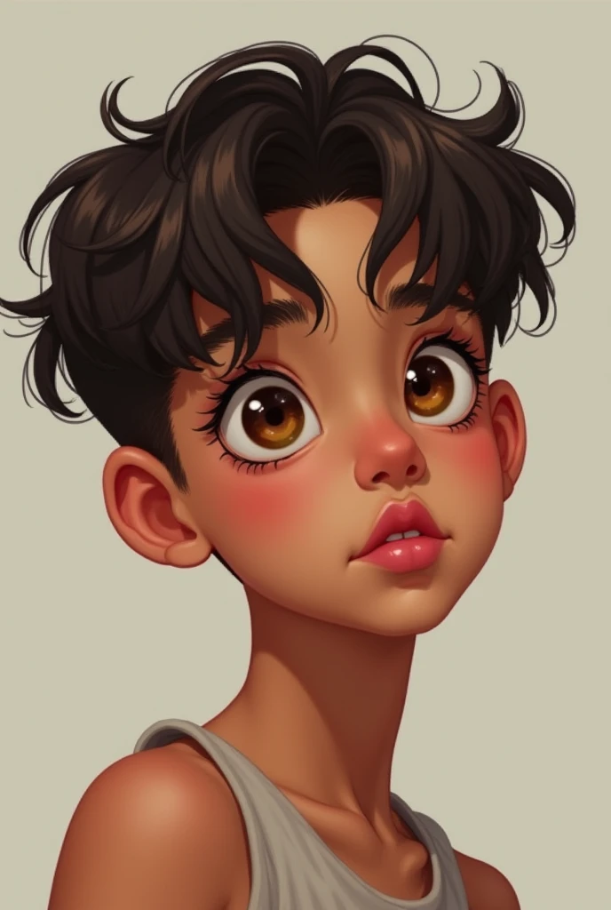 adolescent, brown skinned, eyes browns, Wavy hair, com um corte low fade, gura: Very pink, Average height (not too high, not low), Shyness apparent in posture and facial expression