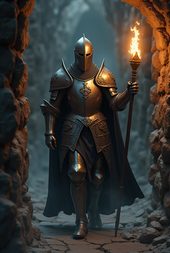 A knight in iron armor walks through the dungeon with a torch