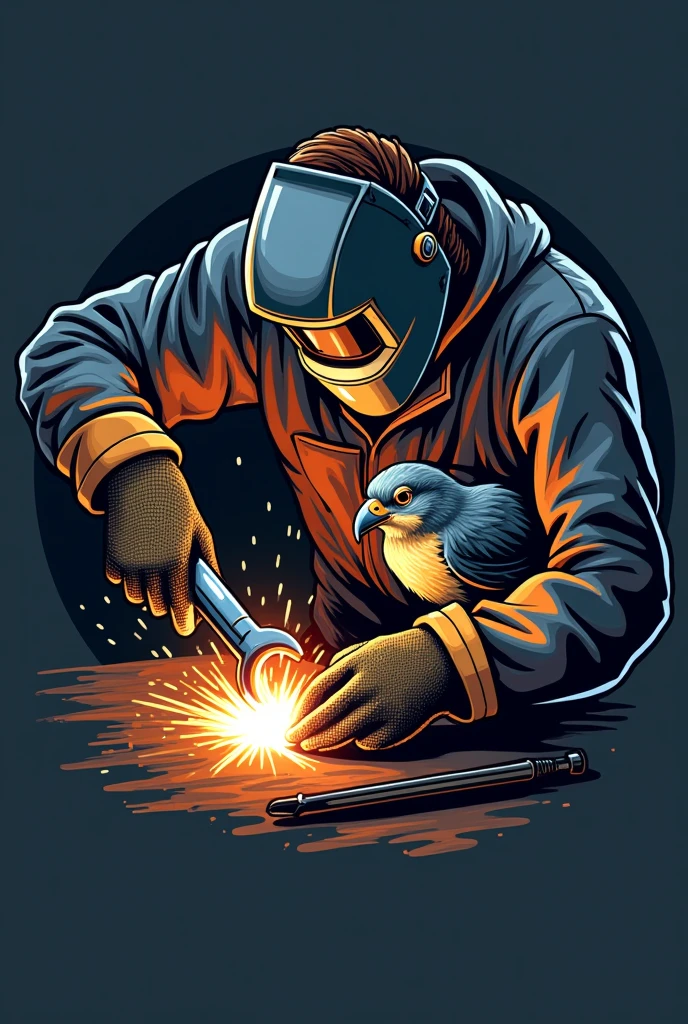 Logo name pro welding, welder holding wrench and bird tig welding
