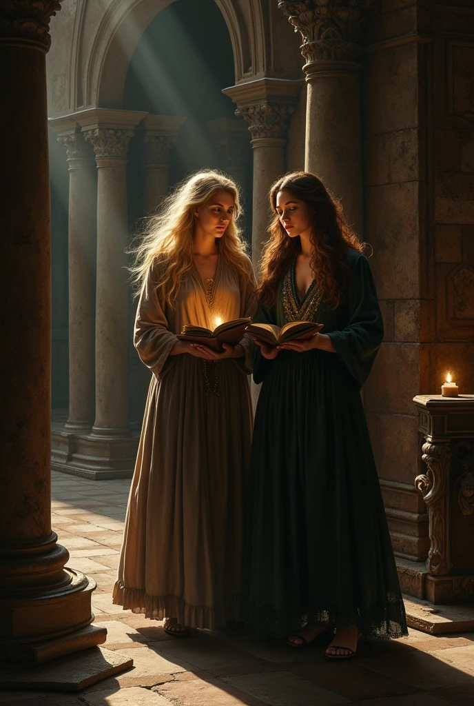 beautiful womens; looking for a forbidden book in ancient library with a lost of mistery and secrets; caravaggio painting; naked women ; violet sorrengail; two womens interacting with the books; chiarosescuro; no purple hair; first woman blonde and second woman brown hair; architecture; full vaulted arch; pillars; searching and reading a book; scared; suspanse; terror; shadows; candle with strong light