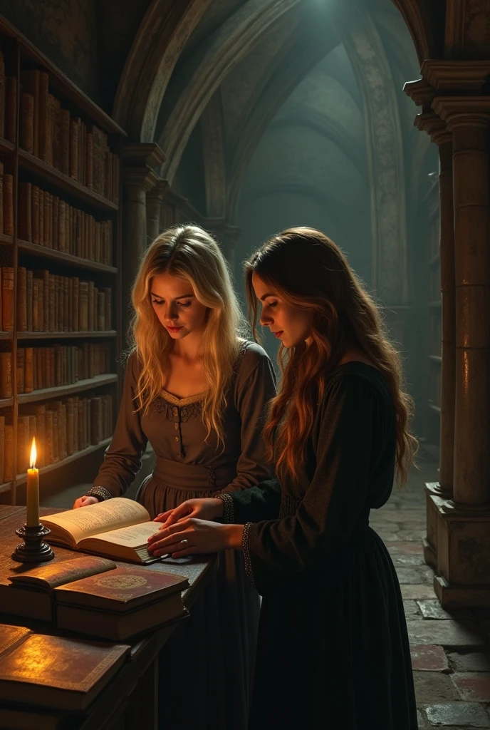 beautiful womens; looking for a forbidden book in ancient library with a lost of mistery and secrets; caravaggio painting; naked women ; violet sorrengail; two womens interacting with the books; chiarosescuro; no purple hair; first woman blonde and second woman brown hair; architecture; full vaulted arch; pillars; searching and reading a book; scared; suspanse; terror; shadows; candle with strong light