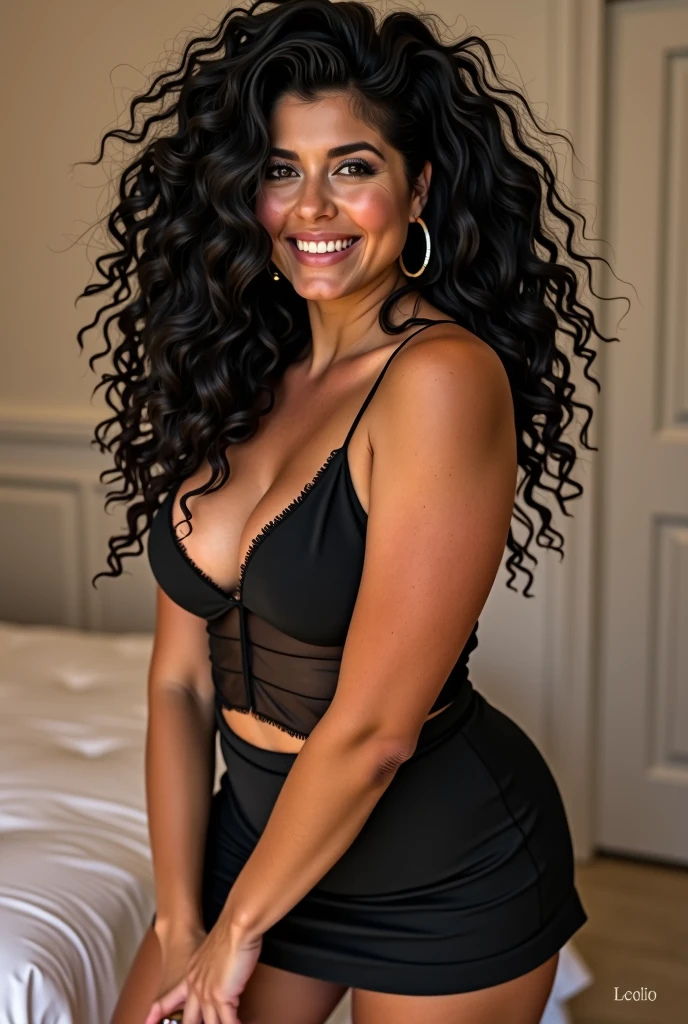 a beautiful young woman, celine dion, 1girl, , smiling, curly hair (black hair), fit body, 1980s aesthetic, cheek full of youth, casual clothing, short skirt, long black pantyhose, sexy, big breasts, curvy