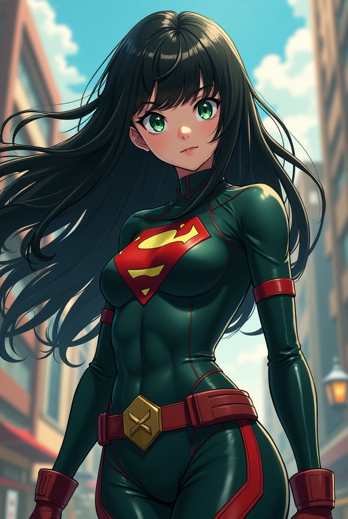 My hero academy character, Teenage Woman, long black hair, green eyes and thin