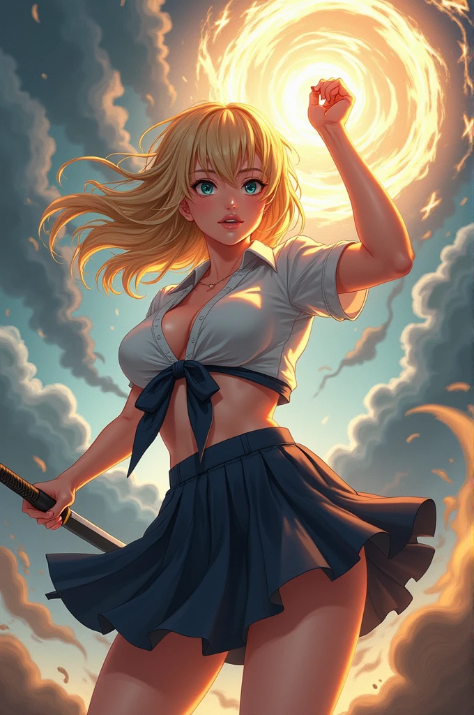 anime, adult woman, (((japanese schoolgirl uniform))), plunging neckline, big breasts, (((skirt lifted by a strong violent wind))), air swirl in a hand, sword in the other hand, storm decor, fighting pose, sexy, loose blond hair, camera seen from below