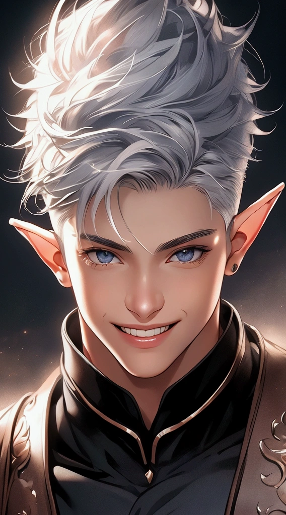 (masterpiece, very high quality photo, CGI effect, lighting effect, shading effect), a male elf, bright gray eyes, short platinum hair, (exclusive image of the character's face only), (a confident smile on his face , looking at the viewer)