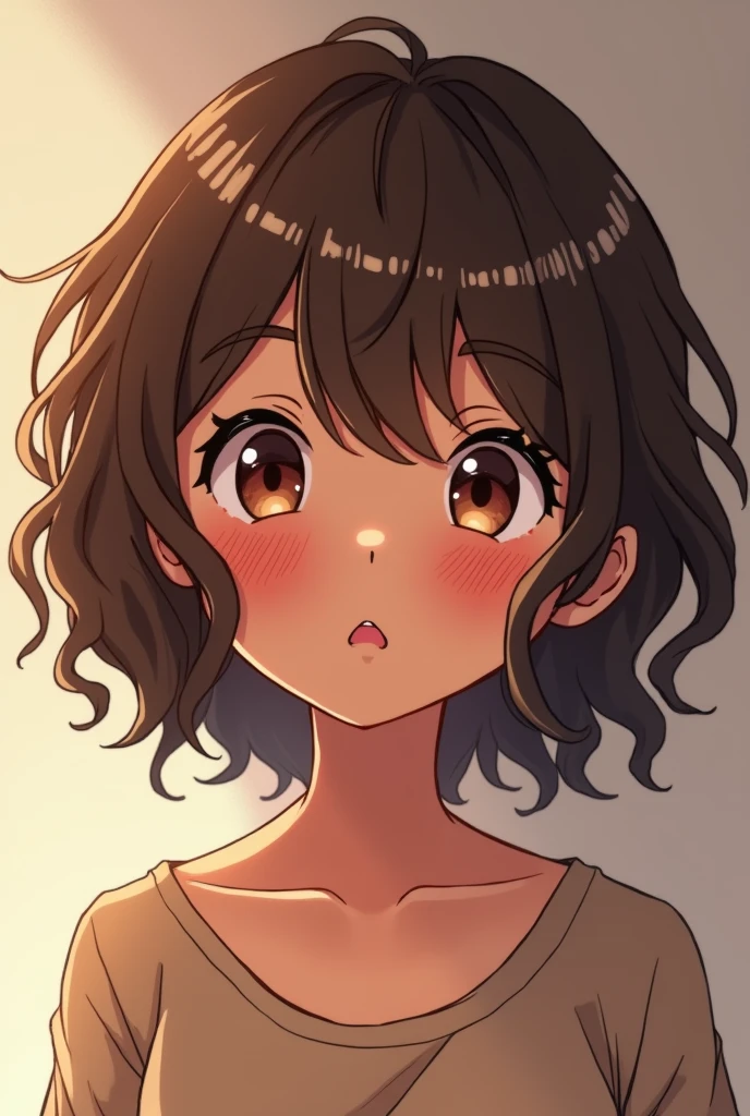 adolescent, brown skinned, eyes browns, Wavy hair, com um corte low fade, gura: Very pink, Average height (not too high, not low), Shyness apparent in his posture and anime facial expression