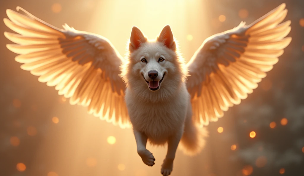 a dog with angel wings, dog with wings, angelic dog, dog in the sky, heavenly dog, majestic dog, beautiful dog, detailed dog, detailed wings, fluffy dog, detailed feathers, cinematic lighting, dramatic lighting, glowing wings, ethereal, mystical, ethereal atmosphere, magical realism, fantasy, digital art, photorealistic, 8k, highly detailed, masterpiece