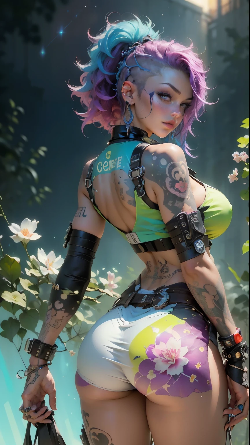 (​masterpiece, top quality, best quality, offcial art, Nice, cosmic, atmospheric, psychedelic, dreamlike and aesthetic:1.2), (1 girl, Neon punk rock mohawk, lots of tattoos and piercings, accentuated super huge enormous gigantic , Décolleté shows, Full body portrait), extremely detail,(Fractal Art, camera view from the back:1.3),colorful,highest level of detail, Cherry blossoms and butterflies in the wind 