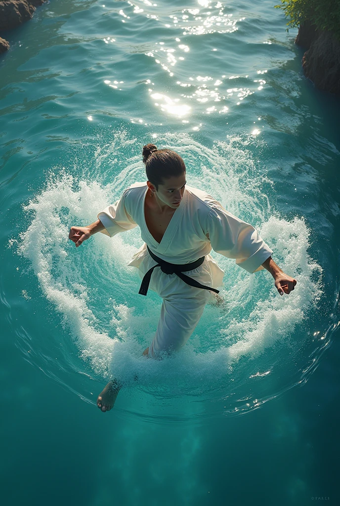 A young man practicing kicks in the deep water 