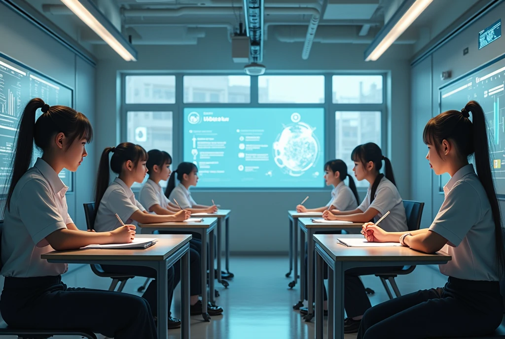 (CyberRealistic), 

 wearing student uniform, sitting at their individual desks, taking notes and others giving their opinions