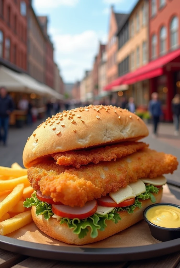German Hamburg fish baker roll with fries flying with Remulade 