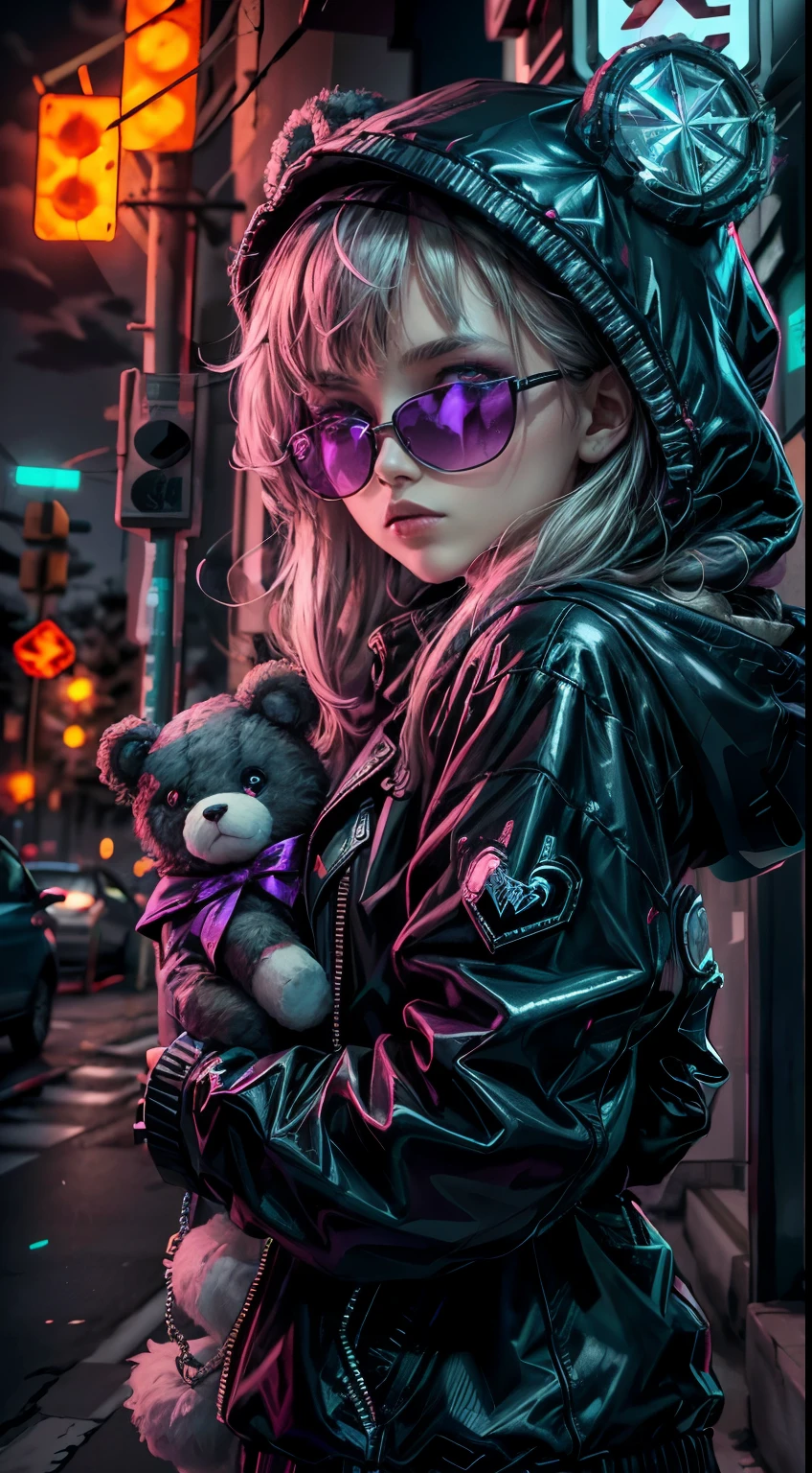 ((Best Quality)), ((Masterpiece)), (Very detailed: 1.3), 3D, NeonNoir, beautiful cyberpunk , (holding teddy bear: 1), (wearing sunglasses: 1.2), (diamond-shaped pupils: 1.2), heart-shaped, wearing a long hooded cape, (wearing a hood: 1.2), purple neon on the monitor, colorful neon signs on the wall, street lights, (white emitting: 1.1), contemptuous eyes, Standing on the street, Sony Master lens,