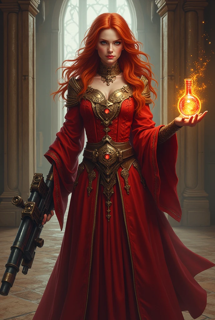 Draw a redheaded woman for a character in d&d being an artificer holding a plasma cannon in one hand and a potion in the other. Medieval princess clothes in red without sexualizing them