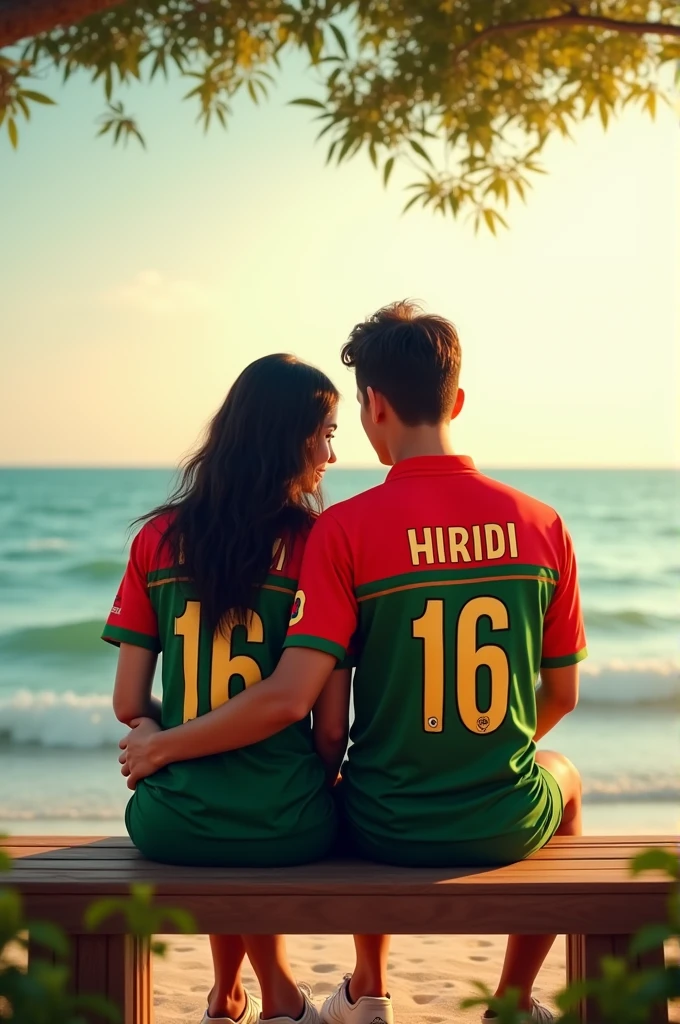 A man whose name is "Jim" and a woman whose name is "Hridi" wearing Bangladeshi cricket Jersey and sitting on a bench near sea. The names of the man and woman are written in the backside of the Jerseys. The Jersey number of man is 16 and the Jersey number of the woman is 16
