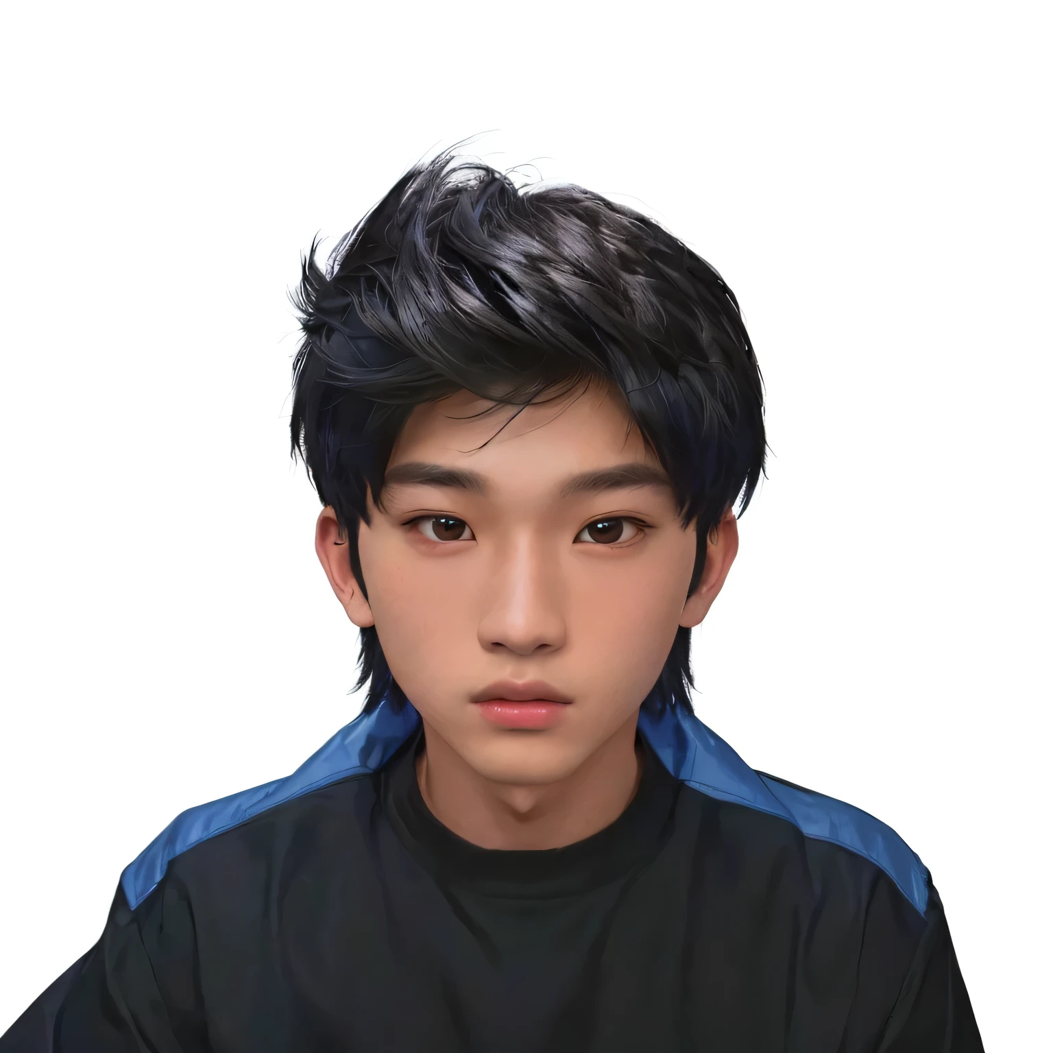 arafed boy with a black shirt and a blue jacket, south east asian with round face, by Abidin Dino, 2 d image, realism artstyle, detailed face of a asian boy, with accurate face, digital art!!, male teenager, [ digital art ]!!, child hybrid, potrait, realistically rendered face, head and waist potrait