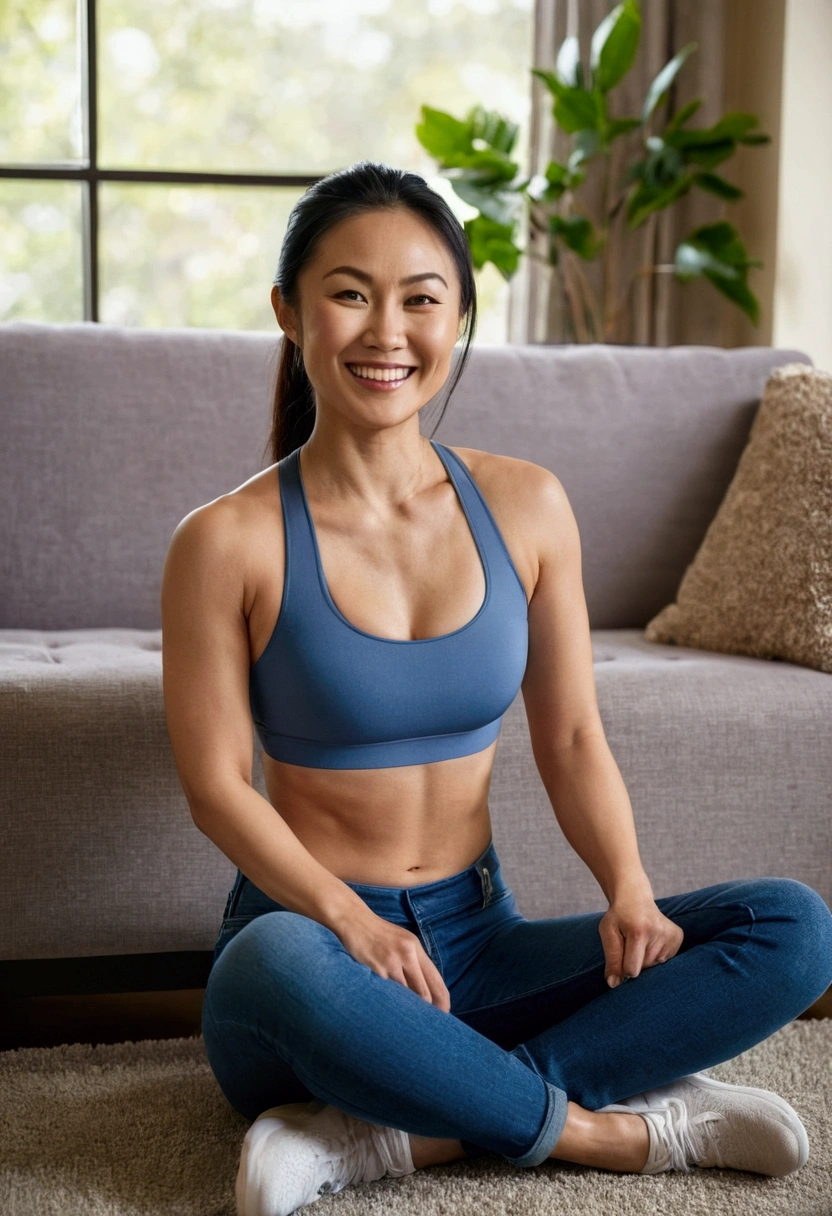Beautiful athletic 30 year old asian female wearing thin strap sports bra and jeans sitting in living room. Smiling. Toned arms