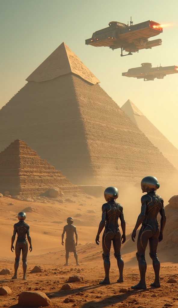 "Create a scene set millions of years ago, showing advanced aliens and ancient humans working together to build the pyramids of Egypt. Aliens must have a futuristic appearance, with advanced technology suits and shiny helmets. They are using technological spaceships to transport and position huge blocks of stone. The ships must be visible in the sky, with distinct alien lights and structures. the humans, dressed in period clothing, are helping in the construction with primitive tools. The setting is a vast Egyptian desert, with pyramids under construction in the background, and a dramatic, surreal sky that mixes historical elements with extraterrestrial technology."