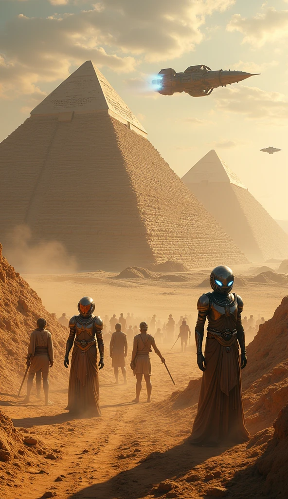 "Create a scene set millions of years ago, showing advanced aliens and ancient humans working together to build the pyramids of Egypt. Aliens must have a futuristic appearance, with advanced technology suits and shiny helmets. They are using technological spaceships to transport and position huge blocks of stone. The ships must be visible in the sky, with distinct alien lights and structures. the humans, dressed in period clothing, are helping in the construction with primitive tools. The setting is a vast Egyptian desert, with pyramids under construction in the background, and a dramatic, surreal sky that mixes historical elements with extraterrestrial technology."