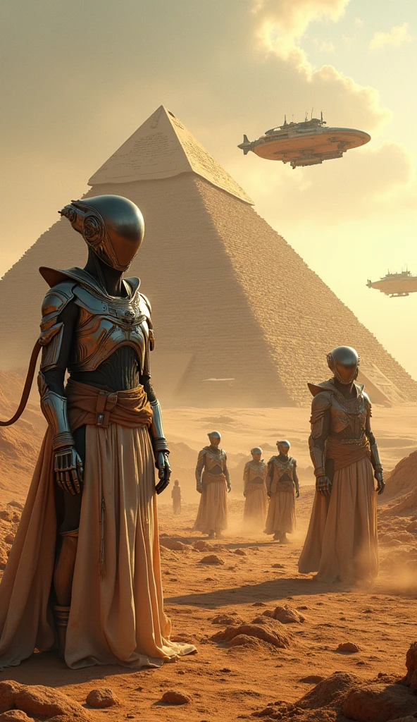 "Create a scene set millions of years ago, showing advanced aliens and ancient humans working together to build the pyramids of Egypt. Aliens must have a futuristic appearance, with advanced technology suits and shiny helmets. They are using technological spaceships to transport and position huge blocks of stone. The ships must be visible in the sky, with distinct alien lights and structures. the humans, dressed in period clothing, are helping in the construction with primitive tools. The setting is a vast Egyptian desert, with pyramids under construction in the background, and a dramatic, surreal sky that mixes historical elements with extraterrestrial technology."