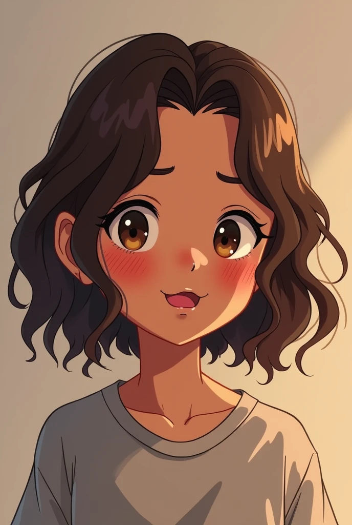 adolescent, brown skinned, eyes browns, Wavy hair, com um corte low fade, gura: Very pink, Average height (not too high, not low), Shyness apparent in his posture and anime facial expression