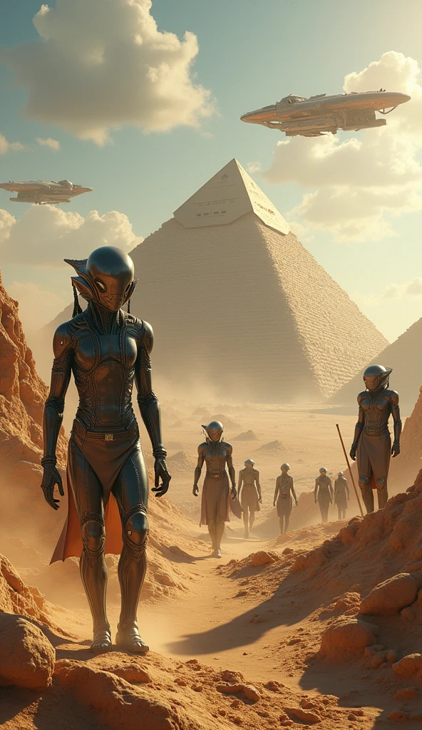 "Create a scene set millions of years ago, showing advanced aliens and ancient humans working together to build the pyramids of Egypt. Aliens must have a futuristic appearance, with advanced technology suits and shiny helmets. They are using technological spaceships to transport and position huge blocks of stone. The ships must be visible in the sky, with distinct alien lights and structures. the humans, dressed in period clothing, are helping in the construction with primitive tools. The setting is a vast Egyptian desert, with pyramids under construction in the background, and a dramatic, surreal sky that mixes historical elements with extraterrestrial technology."