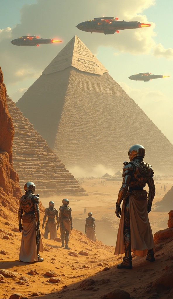 "Futuristic looking aliens, with spacesuits and advanced equipment, working on the construction of the pyramids of Egypt. They are manipulating huge blocks of stone with alien technology, as the ancient Egyptians watch, admired and surprised. The setting is the Egyptian desert, with the pyramids under construction and a clear blue sky in the background. The atmosphere should mix historical elements with a sense of high technology and extraterrestrial mystery.."