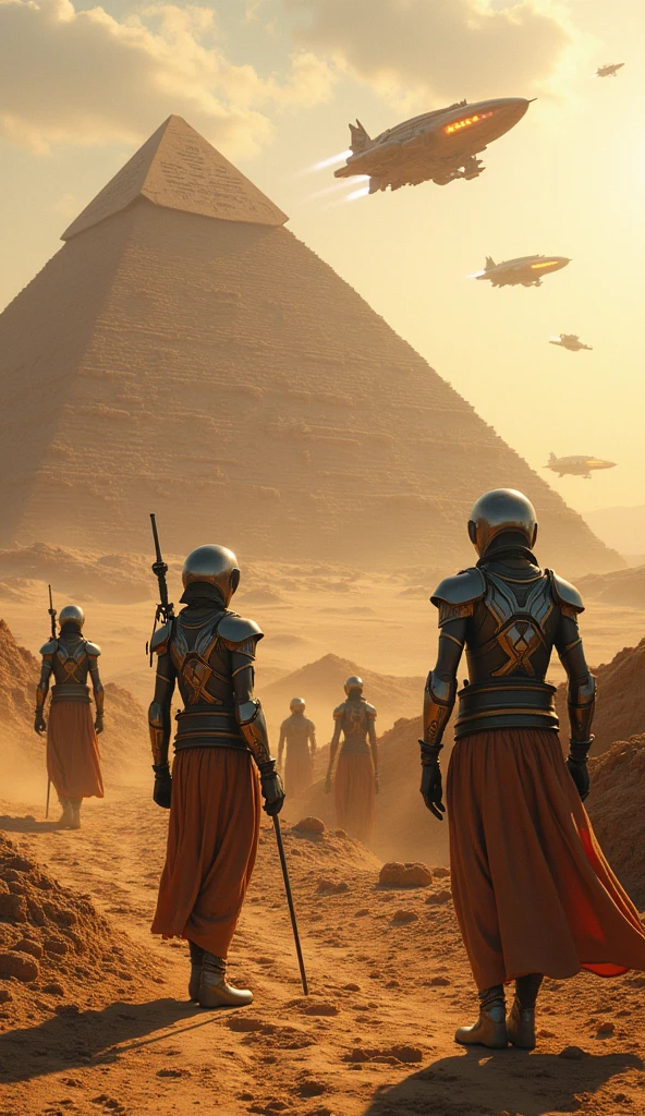 "Create a scene set millions of years ago, showing advanced aliens and ancient humans working together to build the pyramids of Egypt. Aliens must have a futuristic appearance, with advanced technology suits and shiny helmets. They are using technological spaceships to transport and position huge blocks of stone. The ships must be visible in the sky, with distinct alien lights and structures. the humans, dressed in period clothing, are helping in the construction with primitive tools. The setting is a vast Egyptian desert, with pyramids under construction in the background, and a dramatic, surreal sky that mixes historical elements with extraterrestrial technology."