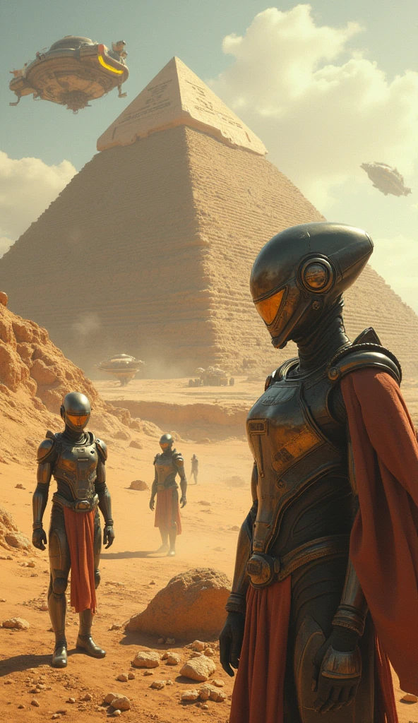 "Create a scene set millions of years ago, showing advanced aliens and ancient humans working together to build the pyramids of Egypt. Aliens must have a futuristic appearance, with advanced technology suits and shiny helmets. They are using technological spaceships to transport and position huge blocks of stone. The ships must be visible in the sky, with distinct alien lights and structures. the humans, dressed in period clothing, are helping in the construction with primitive tools. The setting is a vast Egyptian desert, with pyramids under construction in the background, and a dramatic, surreal sky that mixes historical elements with extraterrestrial technology."