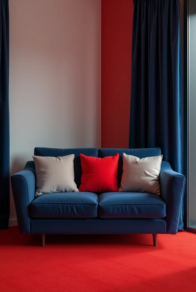 A small room with white walls black curtains and has a bright red carpet and deep navy blue couch which has three throw pillows whereby two of them are quite and the middle one is red.