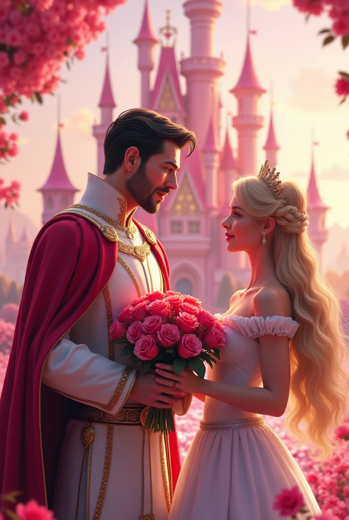 Perfect tall and handsome king with dark short hair give many roses to beautiful princess with so long blonde hair behind them have big pink luxury castle from far away view