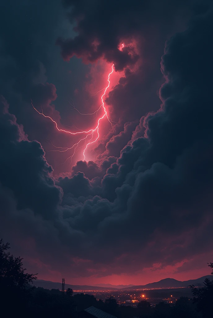 Le ciel se couvre d'obscurité : Un ciel nocturne soudainement envahi par des nuages noirs et tourbillonnants, avec des éclairs rouges qui zèbrent l'horizon, annonçant l'approche de l'Ombre Éternelle.