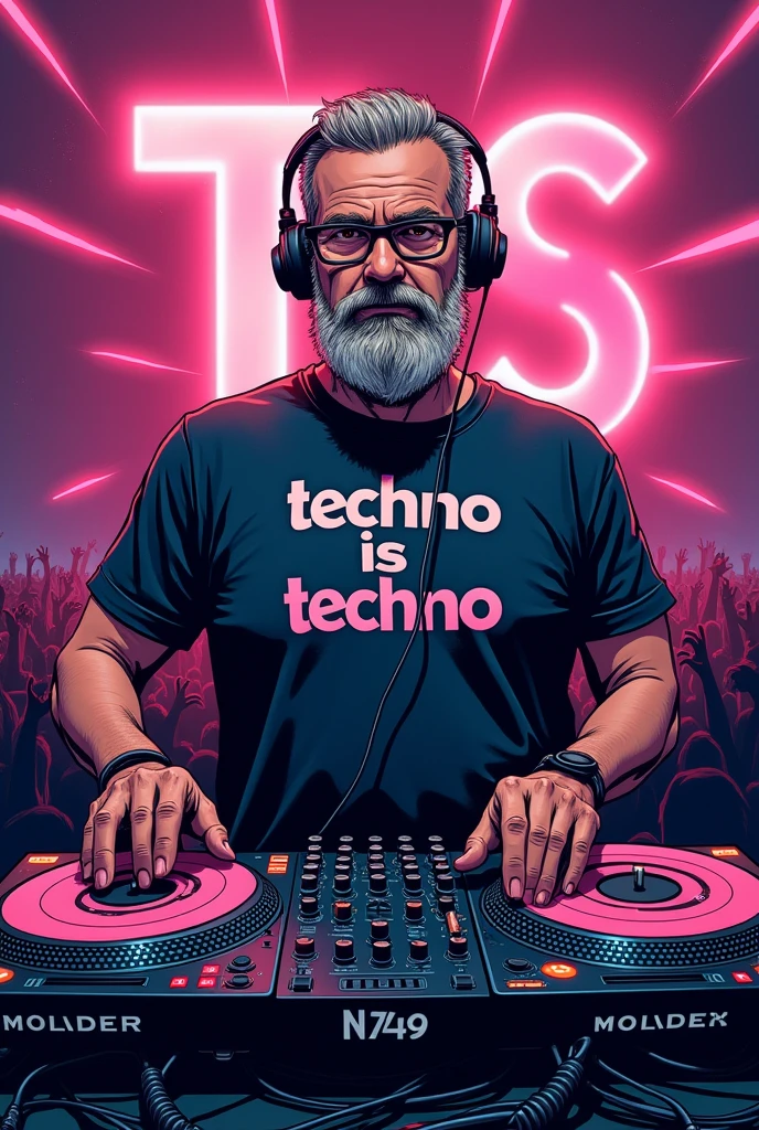 DJ, headphones, Techno, turntables, comic Style, No Commerce, Club, Techno Letter, Laser, middle older, Dancer,dj with t-shirt with inscription Mjk Perry " Techno is Techno", headphones, record player, records, techno, comic style, middle age, three day beard, club,