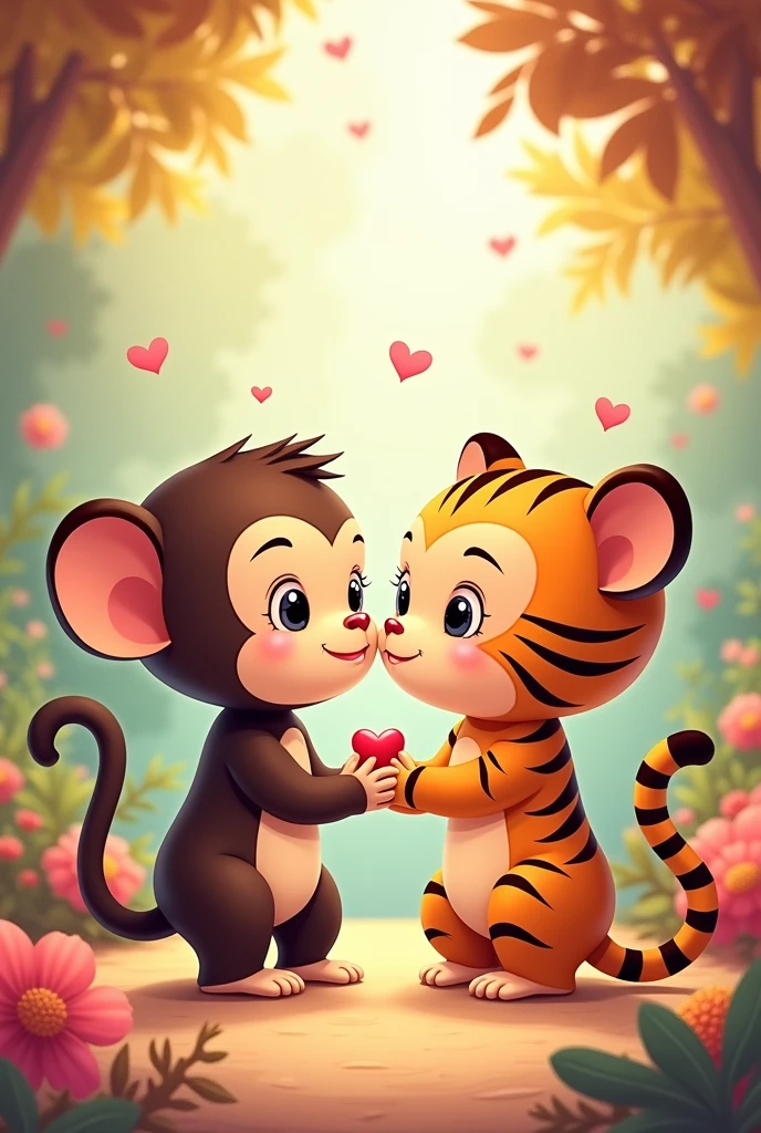 I want Monkey is husband love Tiger your wife, picture with chibi style, anime style, cartoon style