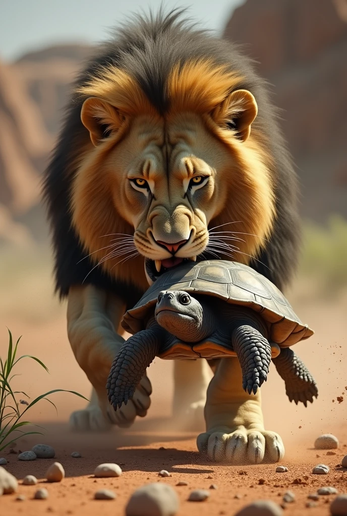 Lion Eating small turtle in lion mouth 