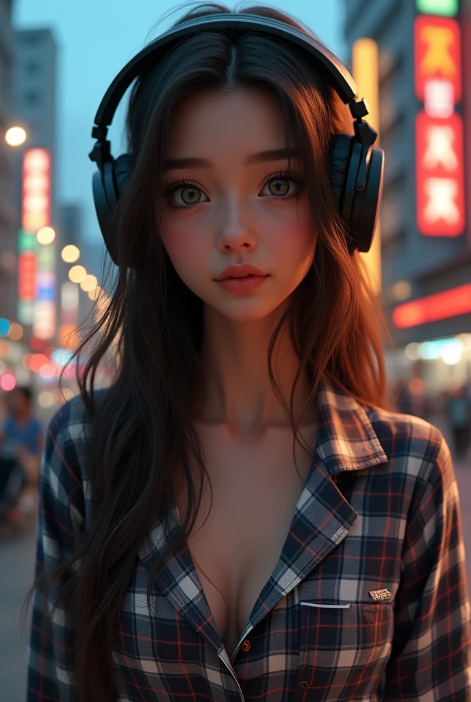 masterpiece, HDR, 4K, 8k, masterpiece, best quality, 1girl, masterpiece, best quality, 1girl, visage maigre, brown-hair, Detailed face + yeux verts, mediuml breasts, closed mouth, regardant le spectateur, Longhaire, gaming headphones, pyjama à carreaux, background : Surabaya, 独奏, haut du corps,