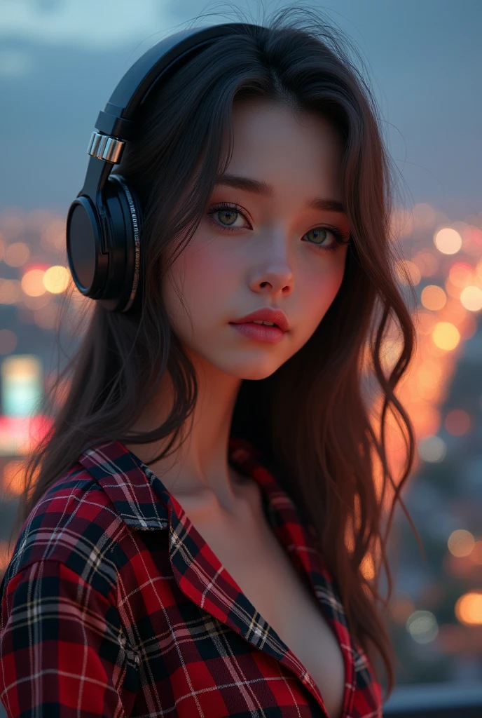 masterpiece, HDR, 4K, 8k, masterpiece, best quality, 1girl, masterpiece, best quality, 1girl, visage maigre, brown-hair, Detailed face + yeux verts, mediuml breasts, closed mouth, regardant le spectateur, Longhaire, gaming headphones, pyjama à carreaux, background : Surabaya, 独奏, haut du corps,