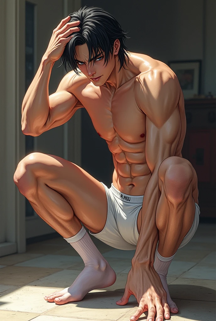 anime art, marvel art, a 40 year old hot male vampire, fit body, wearing white underwear, erect penis, wearing transparent white sheer socks, squatting down, one arm behind head, showing off armpit, big bulge, sweaty, slight smile