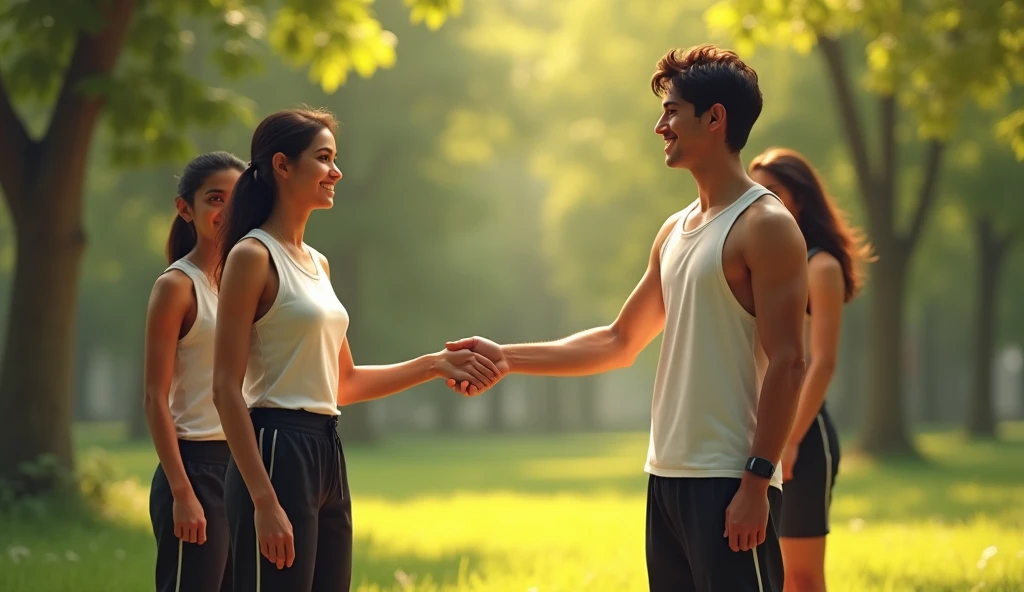 A 25 year old boy and a girl are shaking hands in an Indian park. The girl's name is Shreya. She is a 24 year old, very beautiful girl and the boy is also handsome and there is another girl standing there who is watching them shaking hands. Both the girls are wearing black jogging pants and half white vest and this girl is also 2 and the boy is 2.