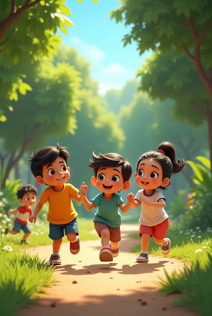pixar animation illustration of group of kids from el salvador are playing the game "plain" in a park on a sunny day