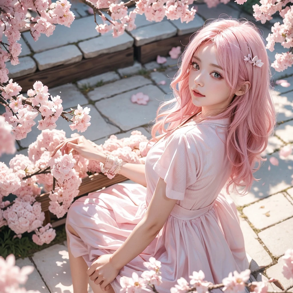 Light pink hair, pink eyes, pink and white, sakura leafs, vivid colors, white dress, paint splash, simple background, ray tracing, wavy hair, 8K Res, UHD.